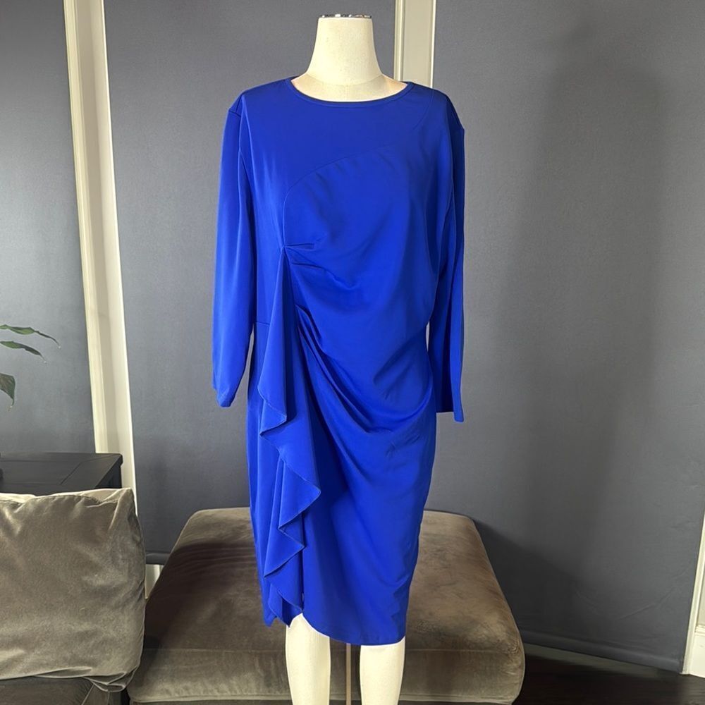 Women’s Blue Asymmetrical Ruffled Front Midi Dress 3/4 Sleeve Size 2XL NEW